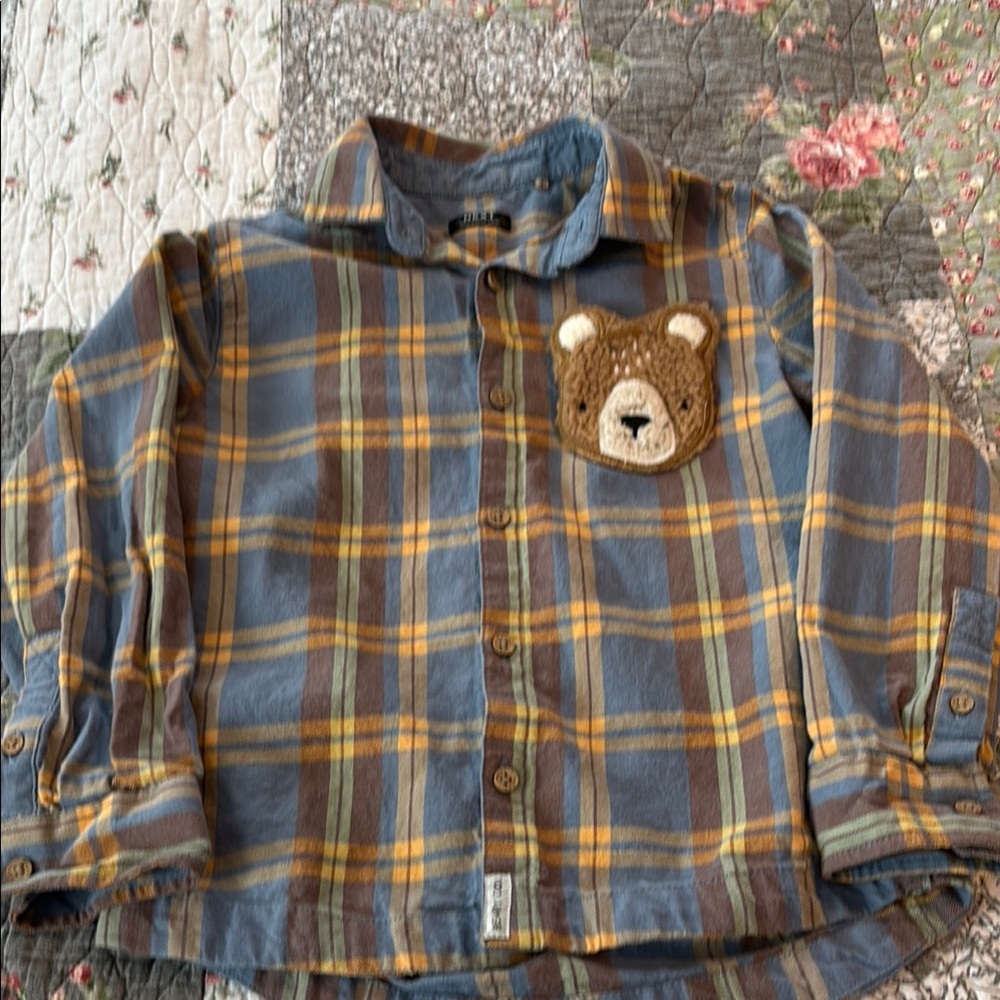 Brown and Blue Plaid Button Down Shirt with Bear Appliqué